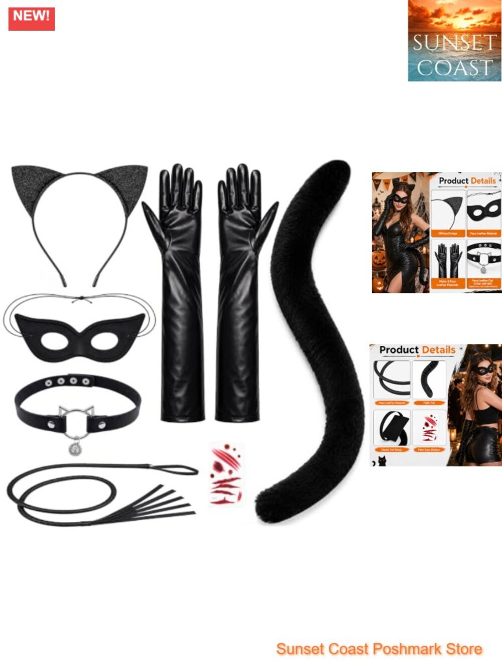 Cat Costume Accessory Set 7 PCS Faux Leather Gloves Tail Mask Ears